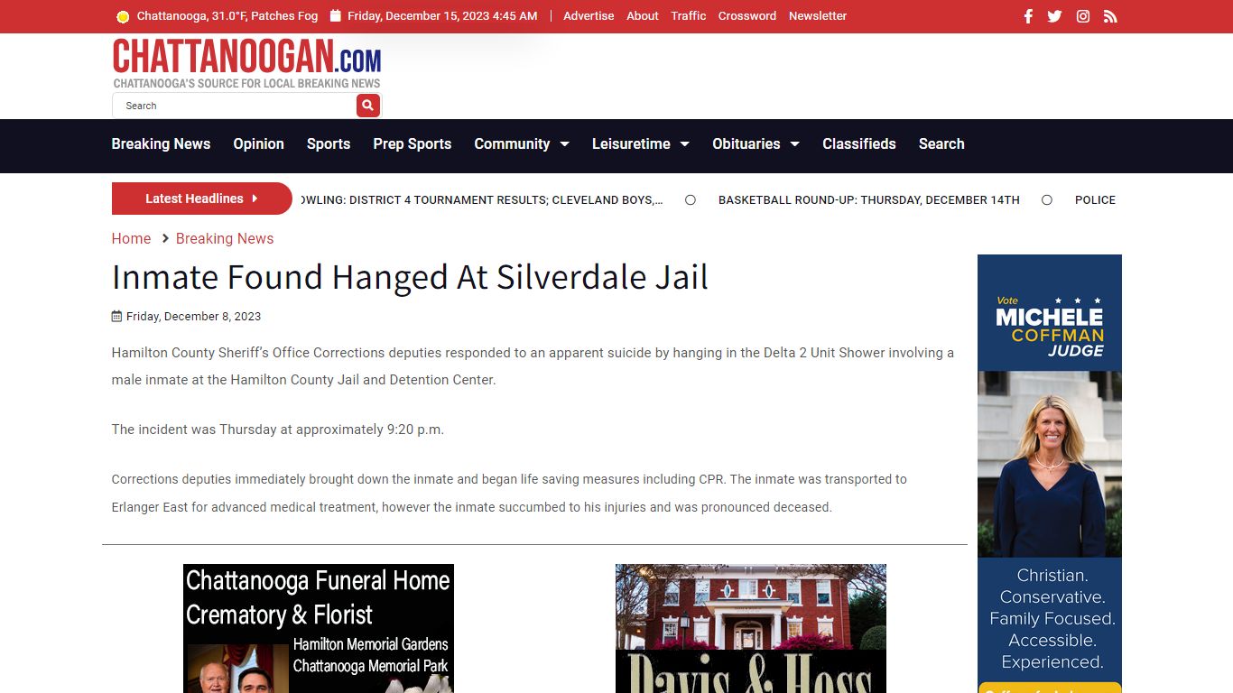 Inmate Found Hanged At Silverdale Jail - Chattanoogan.com
